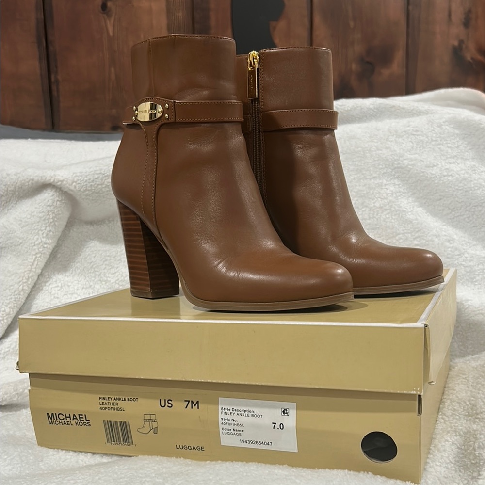 Michael Kors Brown Leather Ankle Booties with Block Heel